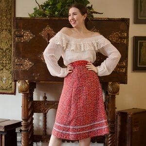 Gunne Sax 1970s Vintage Red Calico Quilted A Line Midi Prairie Skirt Size XS 7
